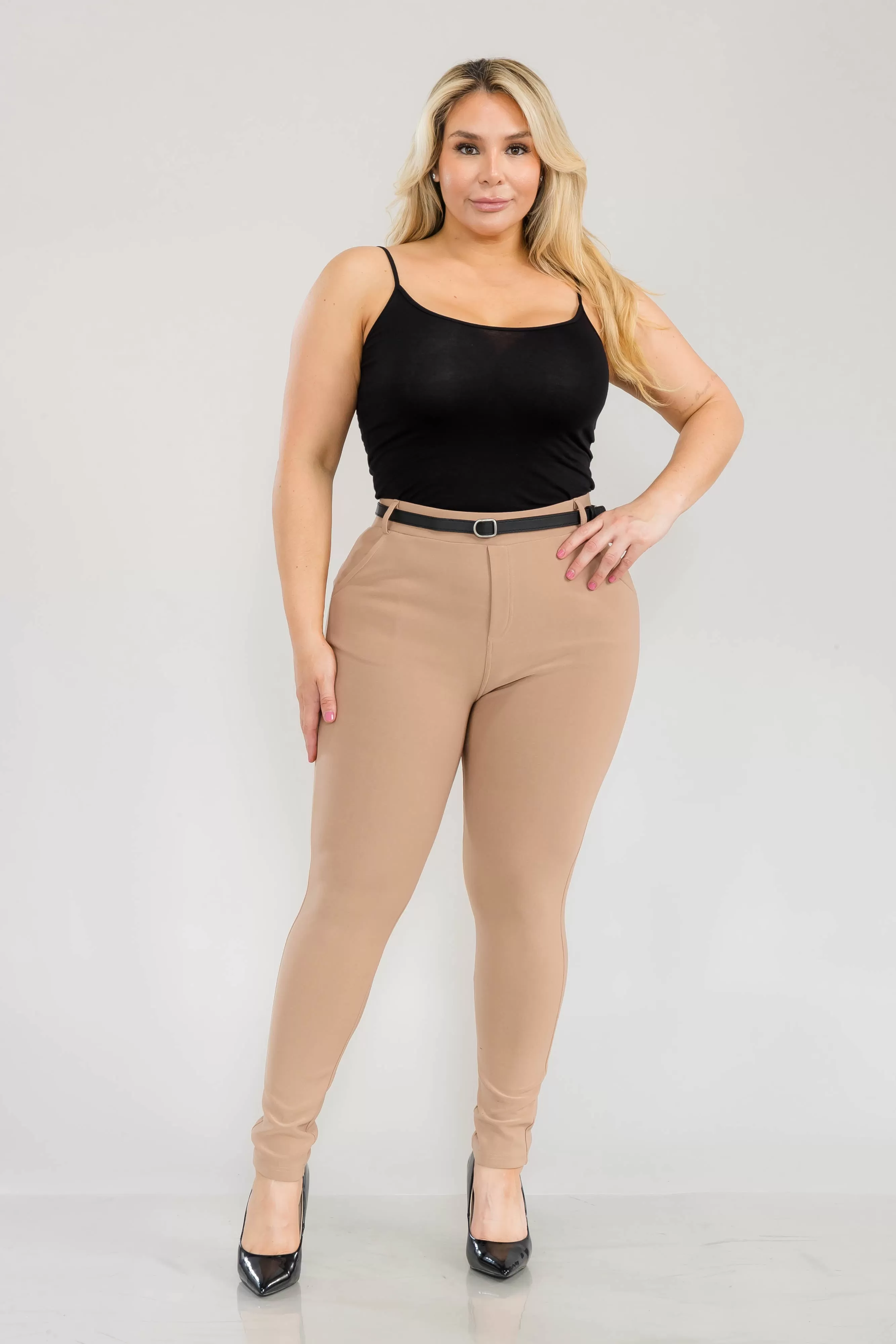 Plus Size Sculpting Treggings With Faux Leather Belt - Portobello