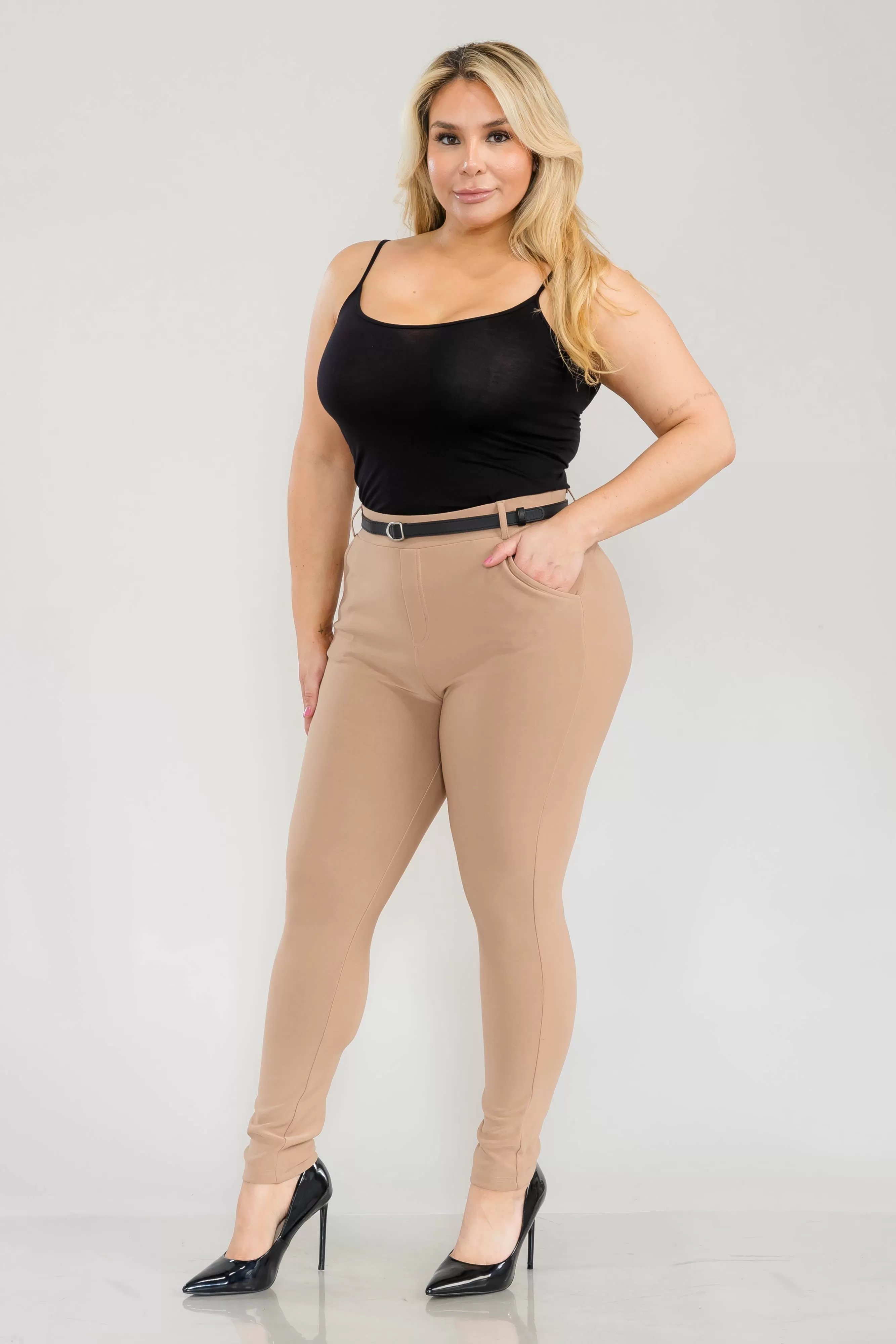 Plus Size Sculpting Treggings With Faux Leather Belt - Portobello