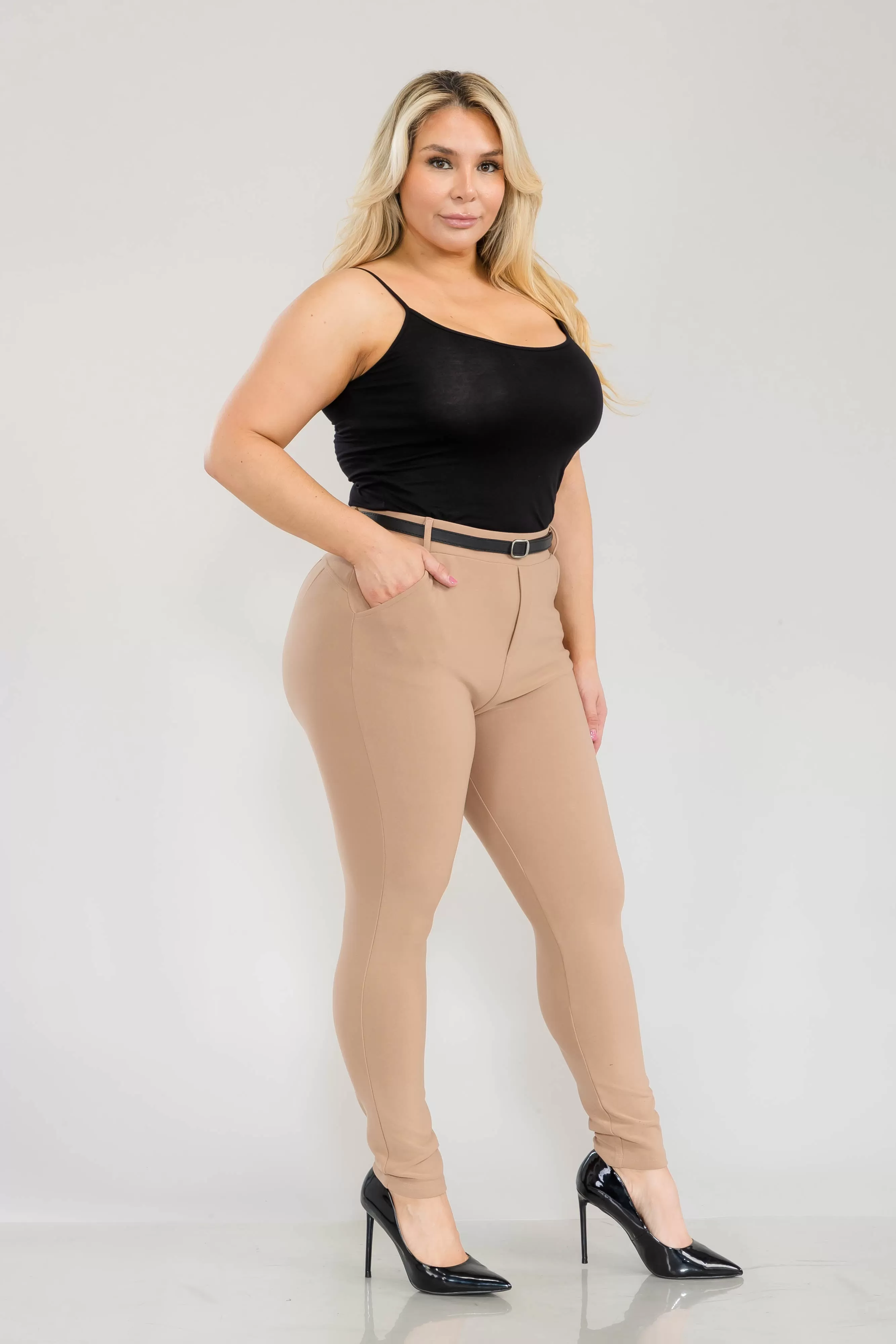 Plus Size Sculpting Treggings With Faux Leather Belt - Portobello