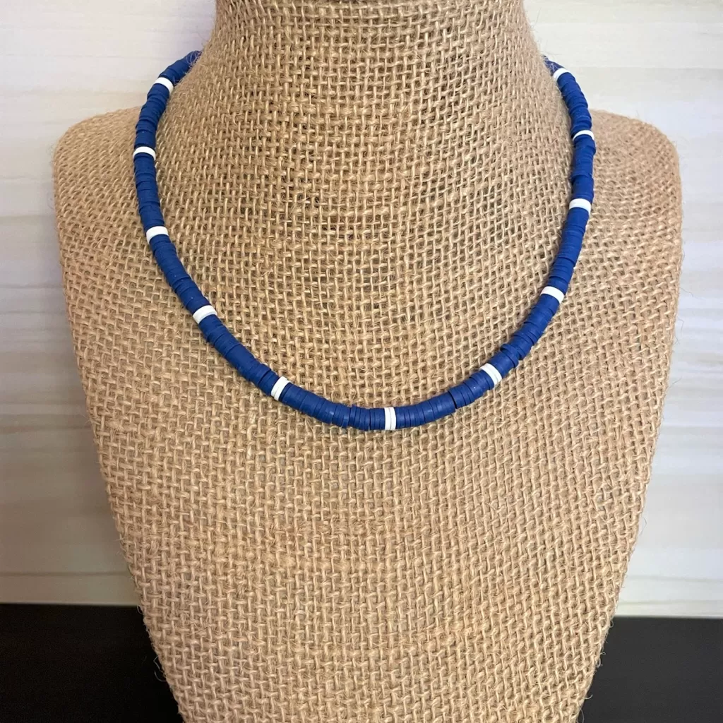 Royal Blue and White Mens Polymer Beaded Necklace