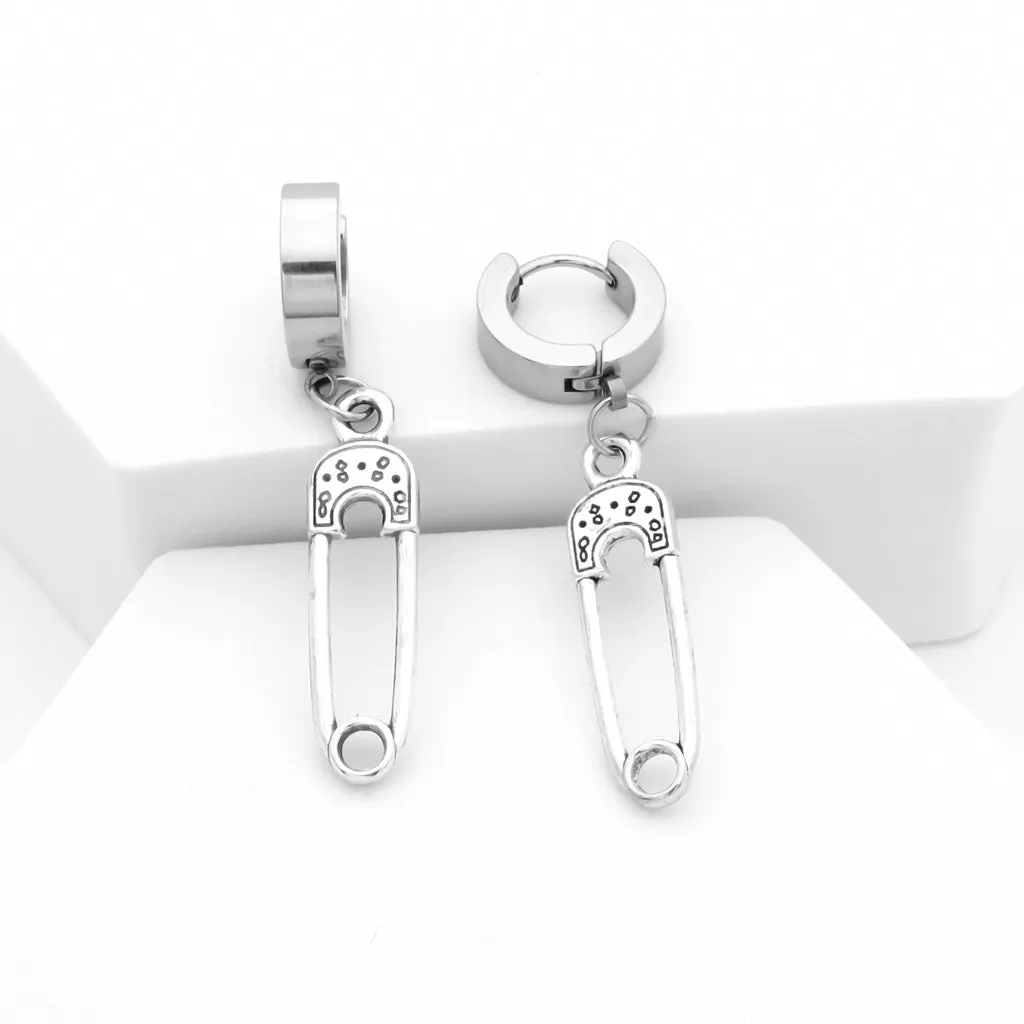 Safety Pin Dangle Huggie Hoop Earrings