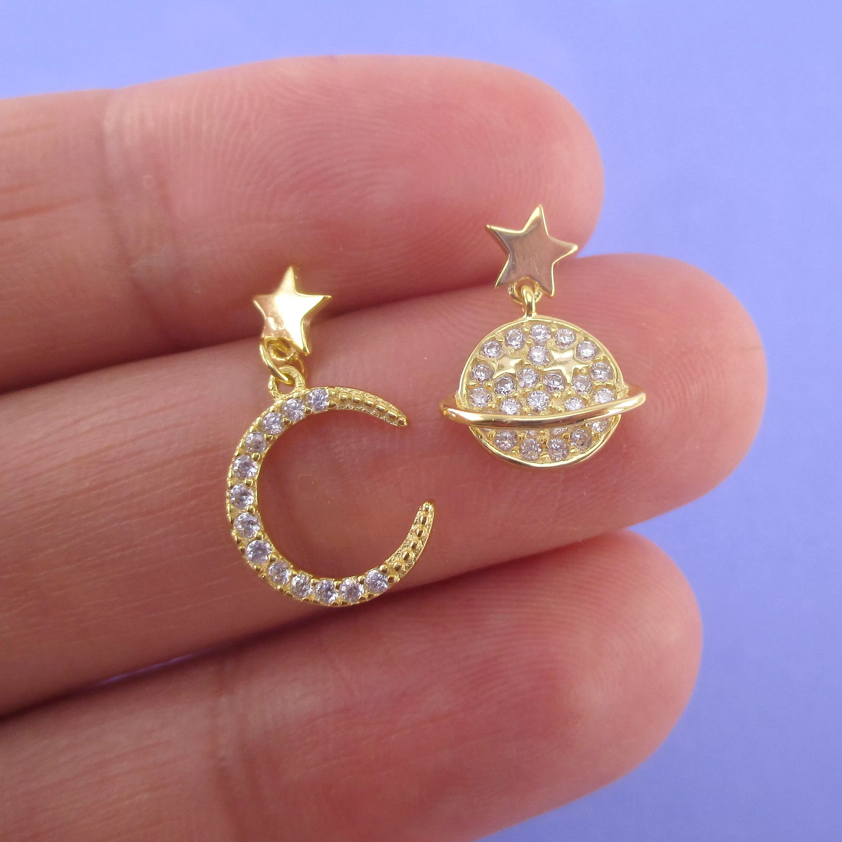 Saturn Moon and Stars Sterling Silver Rhinestone Drop Stud Earrings