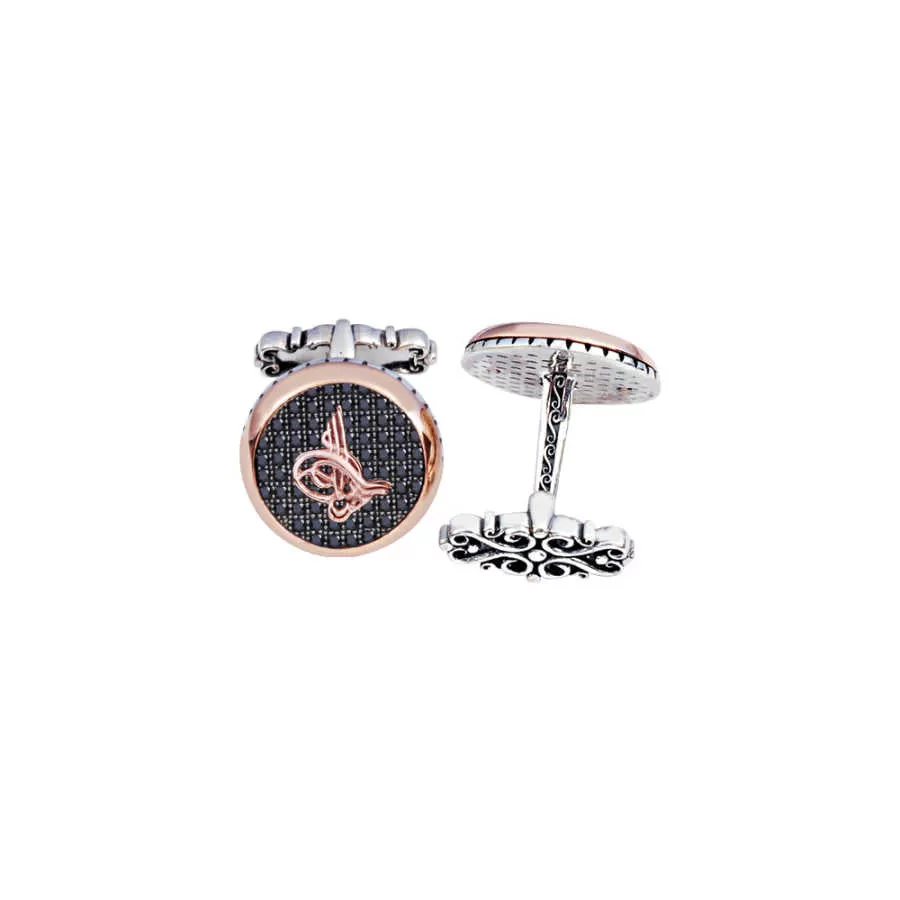 Silver Black Zircon Stone Tughra Round Cufflink