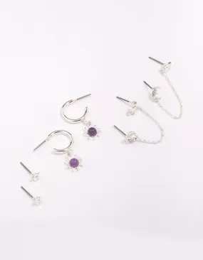 Silver Celestial Amethyst Chain Hoop Earring 4-Pack