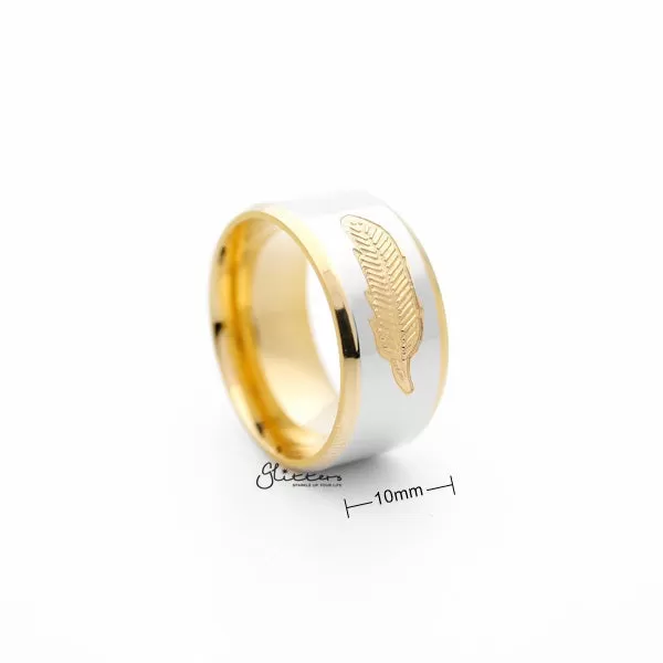 Stainless Steel 10mm Wide 2-Tone Polished with Golden feather Center Band Ring