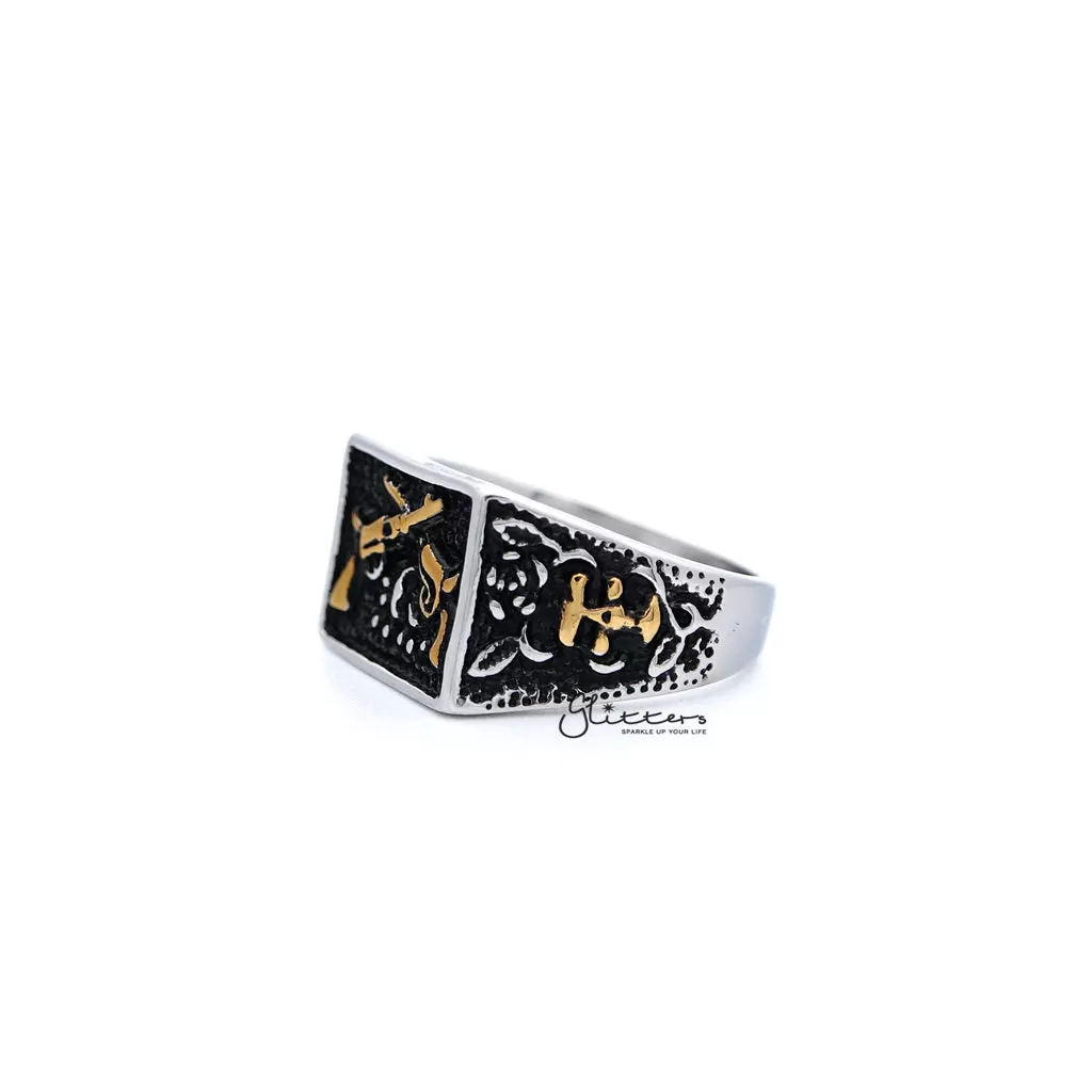 Stainless Steel Antiqued Two Tone Square with Crossed Guns Casting Men's Rings