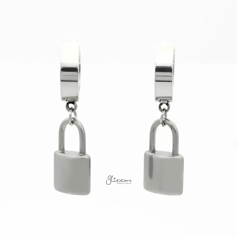 Stainless Steel Huggie Hoop Earrings with Padlock Charm - Silver