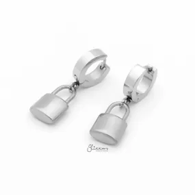 Stainless Steel Huggie Hoop Earrings with Padlock Charm - Silver