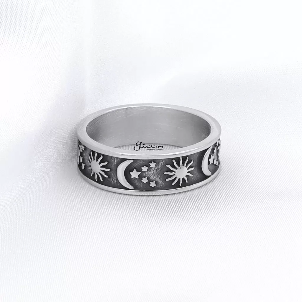 Stainless Steel Sun Moon Stars Ring - Silver