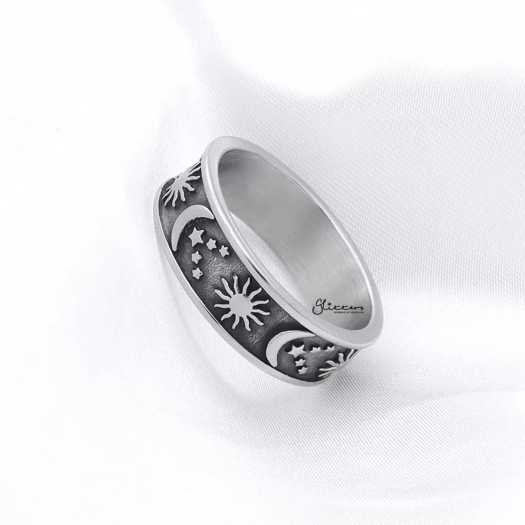 Stainless Steel Sun Moon Stars Ring - Silver