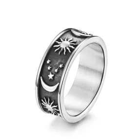 Stainless Steel Sun Moon Stars Ring - Silver