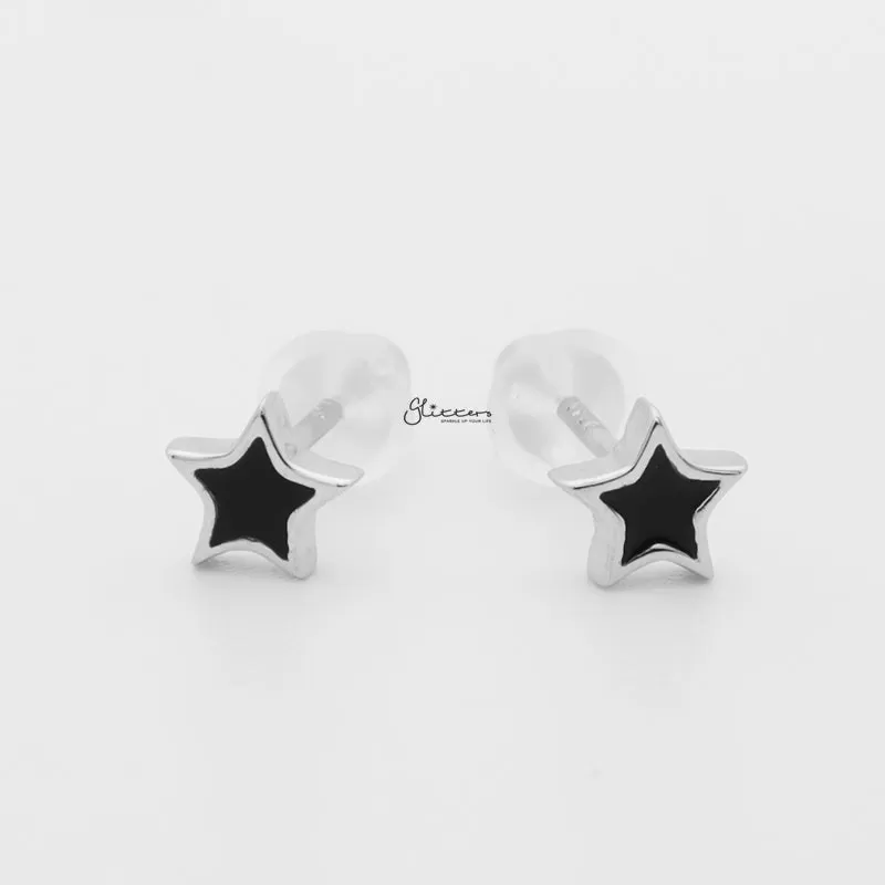 Sterling Silver Black Center Star Shape Stud Earrings