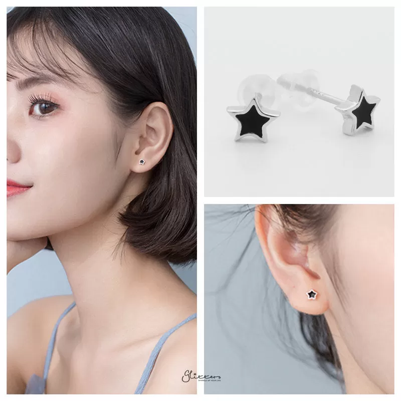 Sterling Silver Black Center Star Shape Stud Earrings