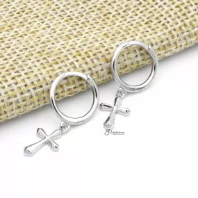 Sterling Silver Huggie Hoop Earrings with Dangle Cross - Silver