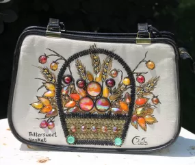 Vintage Enid Collins Clutch / Purse / Handbag Titled Bittersweet Basket with Brown Amber and Orange Jewel Embellished Floral Design. Fashion